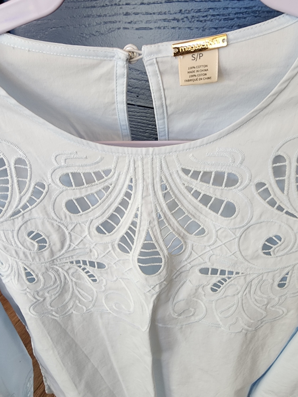 Magaschoni Pale Blue Eyelet Yoke Blouse - Picture 2 of 5